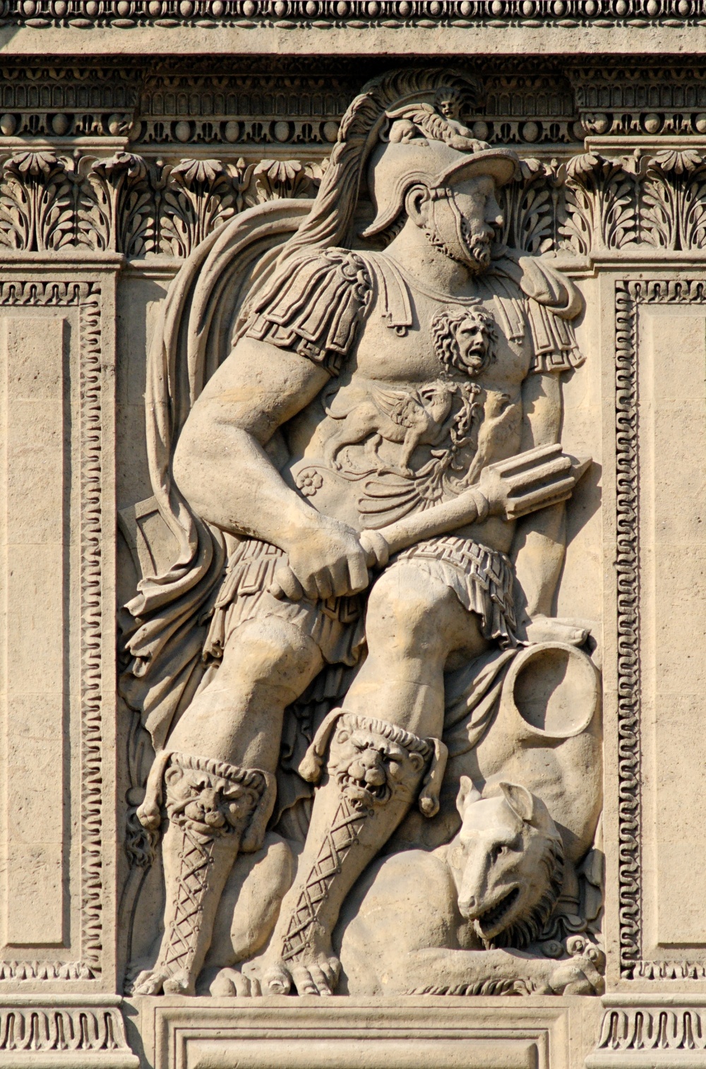 Henry II of France as the God Mars, by Jean Goujon. Relief on the left of the central window, left part of the West façade of the cour Carrée in the Louvre palace, Paris